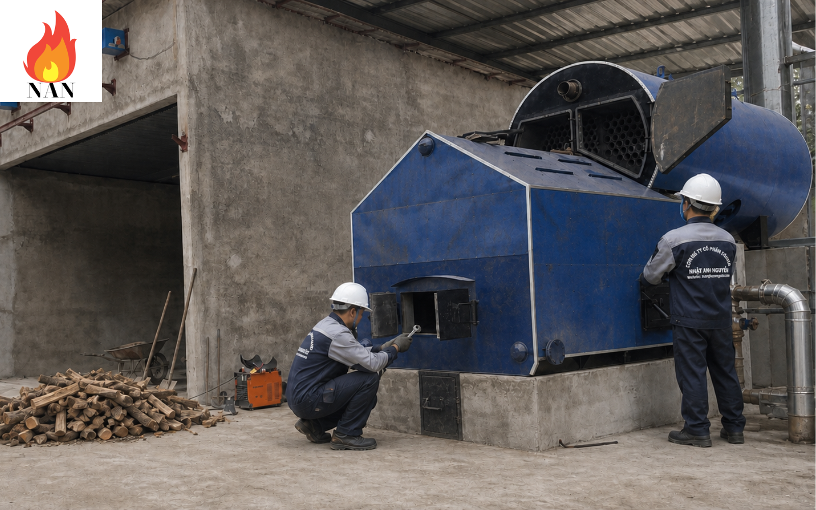 công nhân đang làm dịch vụ sửa chữa nồi hơi