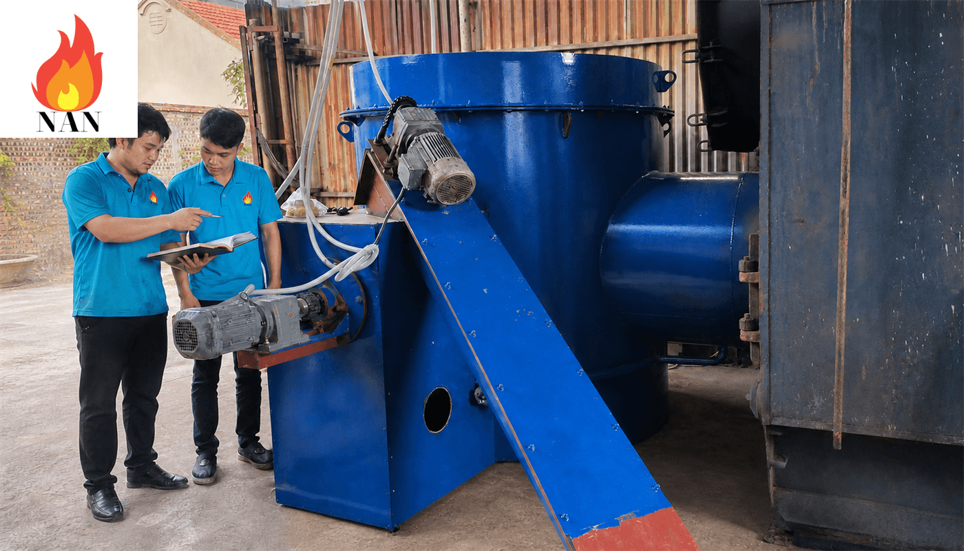 Nhân sự kỹ thuật kiểm tra hệ thống lò đốt sinh khối