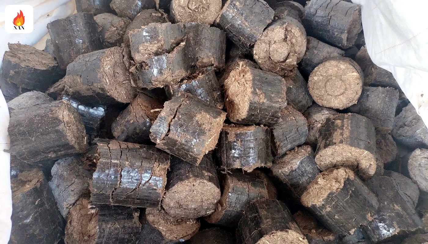 Củi ép mùn cưa dạng khối ngắn trong bao chứa