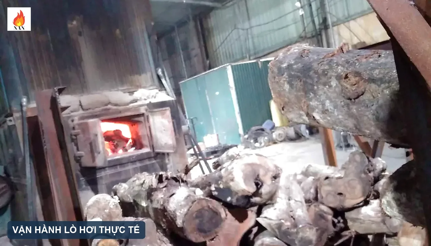 Củi gỗ được cấp vào lò hơi trong quá trình vận hành thực tế