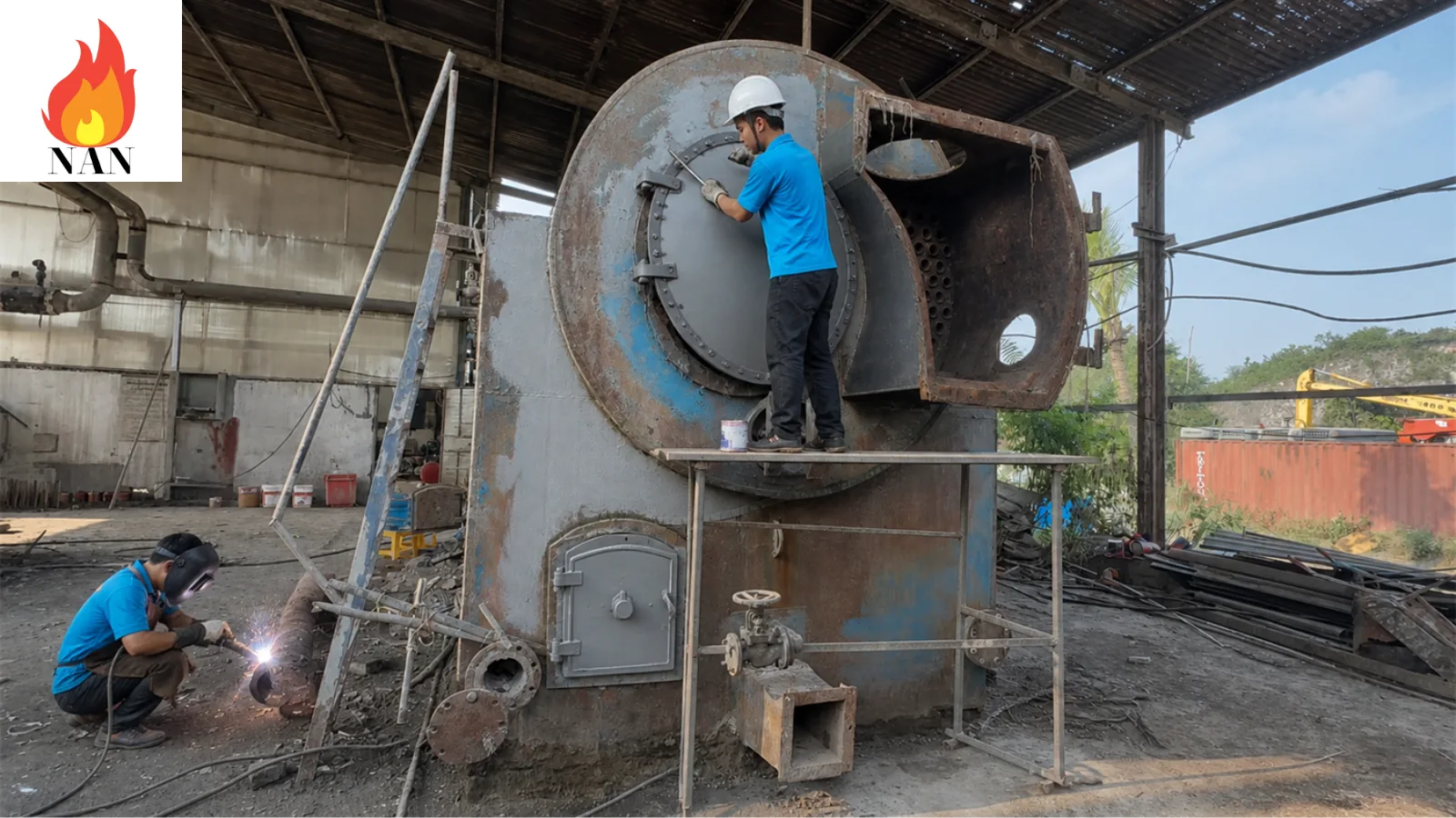 Lò hơi trong quá trình sửa chữa tại công trình