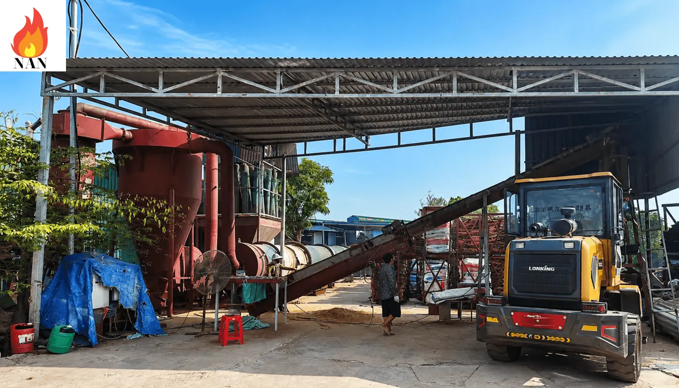 Hệ thống sấy trống quay công nghiệp đang hoạt động tại nhà máy