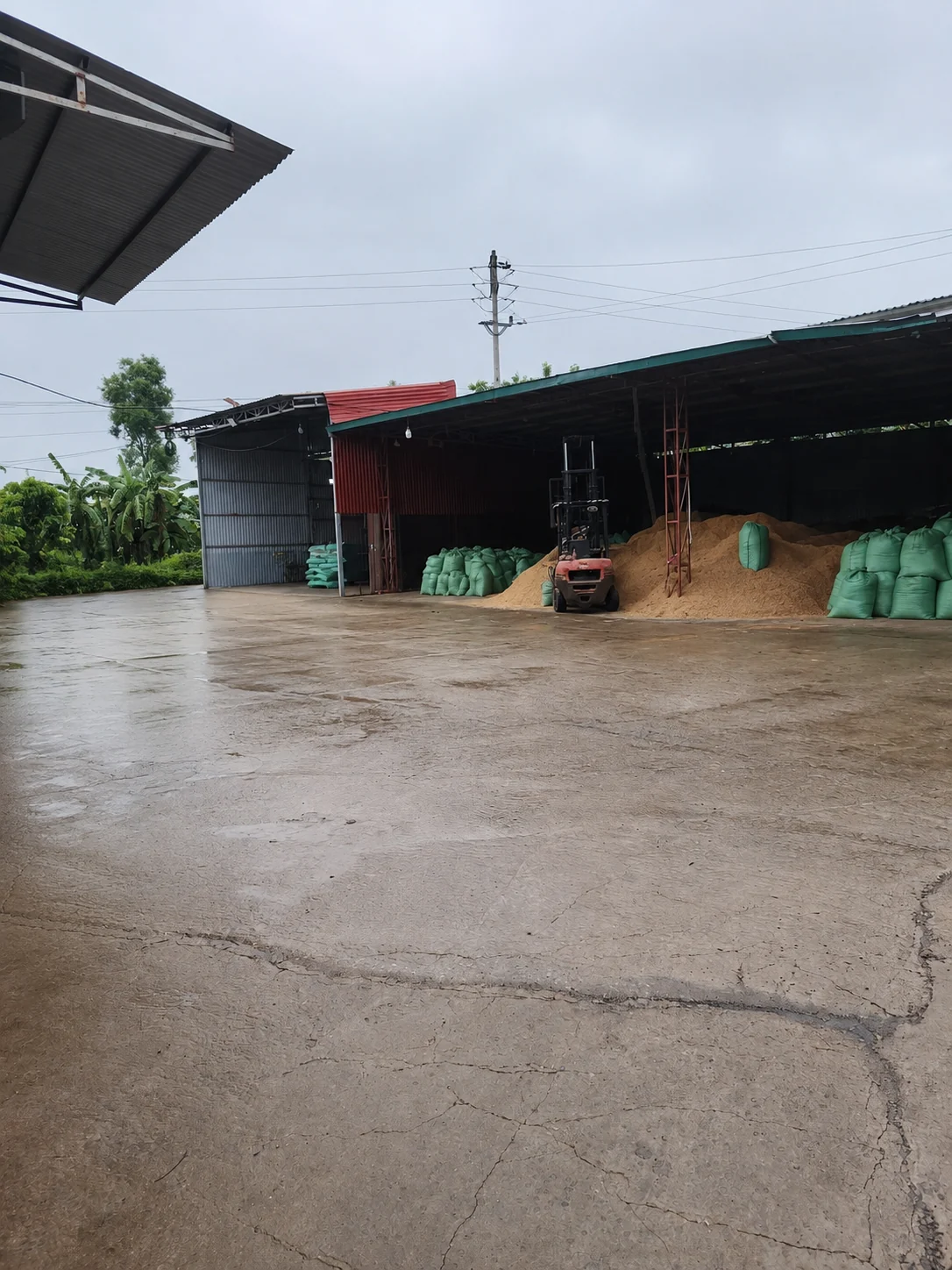 Kho mùn cưa và xe nâng tại xưởng Nhật Anh Nguyễn